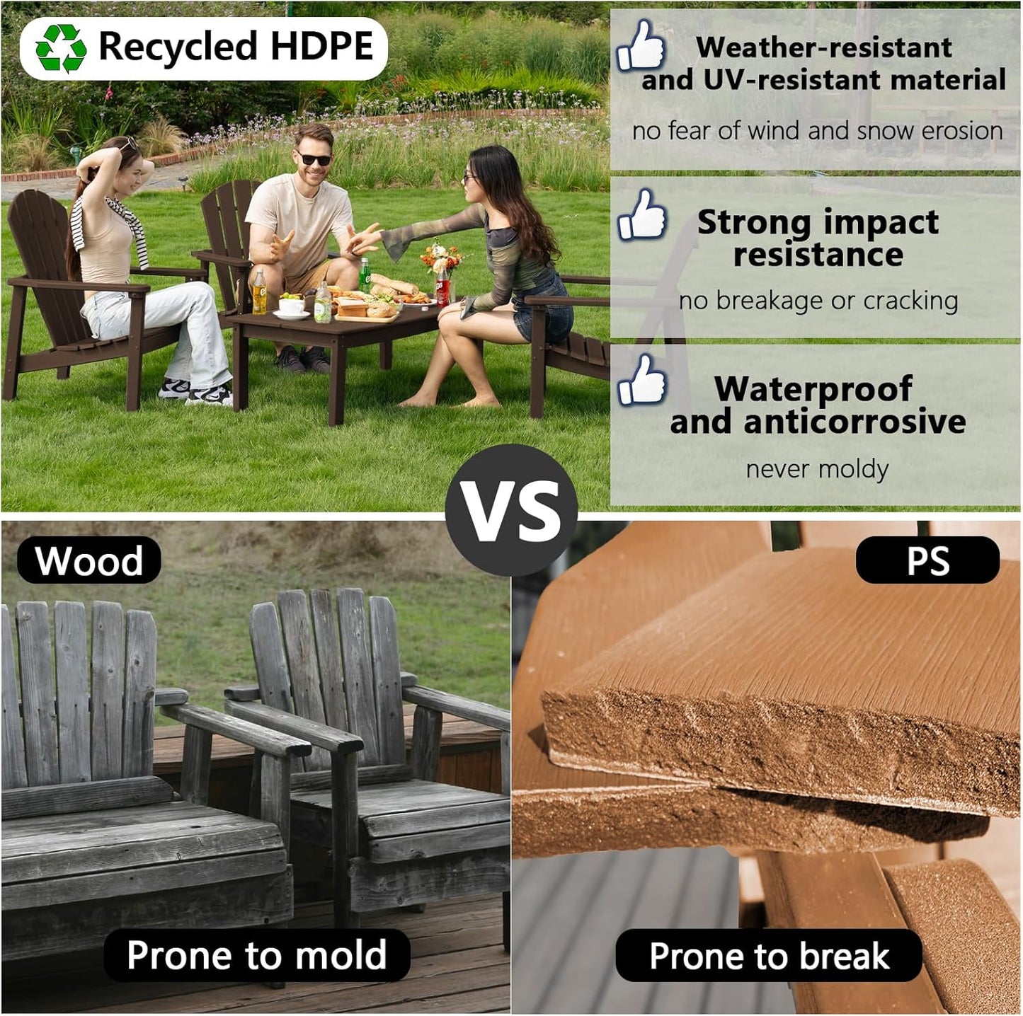 Stackable Adirondack Chair, HDPE Outdoor Patio Chair - Durable and Space Saving, Suitable for Porches, Lawns or Garden, Coffee