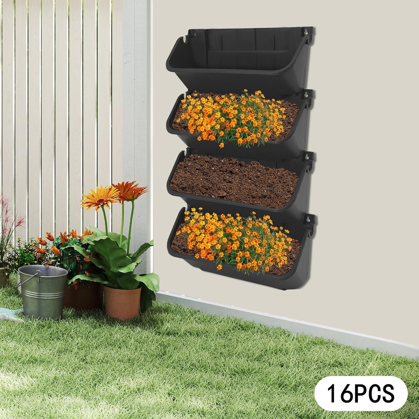 16 Pack Vertical Garden Planter,13 inch Wall Mounted Planter for Patio Indoor Outdoor Decor, Garden Self Watering Pot Balcony Plant Vegetable Fruit Herb Hanging Pocket Holder Flowerpot (Black)