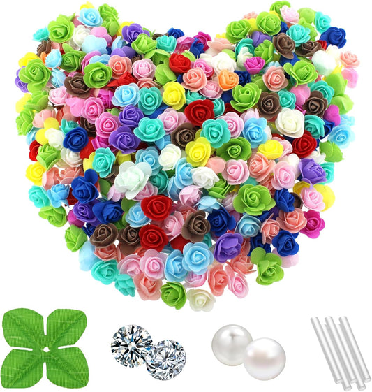 Vignor 500 Pcs 1.4 Inch Mini Artificial Flowers Head Bulk 5 in 1 Set Faux Foam Fake Small Rose Tiny Baby Flores Bouquet Cake Gift Home Decoration DIY Craft (Multiple Mixed Color)