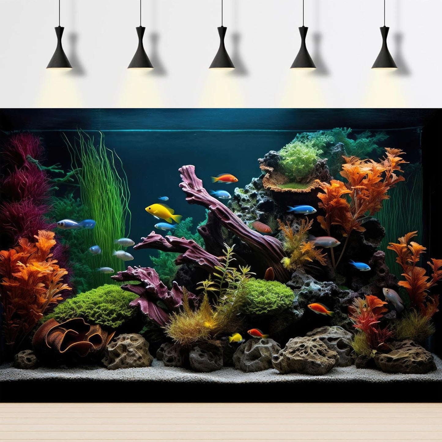 Aquarium Background Lush Aquatic Colorful Plants Terrarium Background Redwood Root Coral Reef Jungle Style Fish Tank Background Amazing Underwater View Aquarium Backdrop Wallpaper Poster Vinyl 24x16in