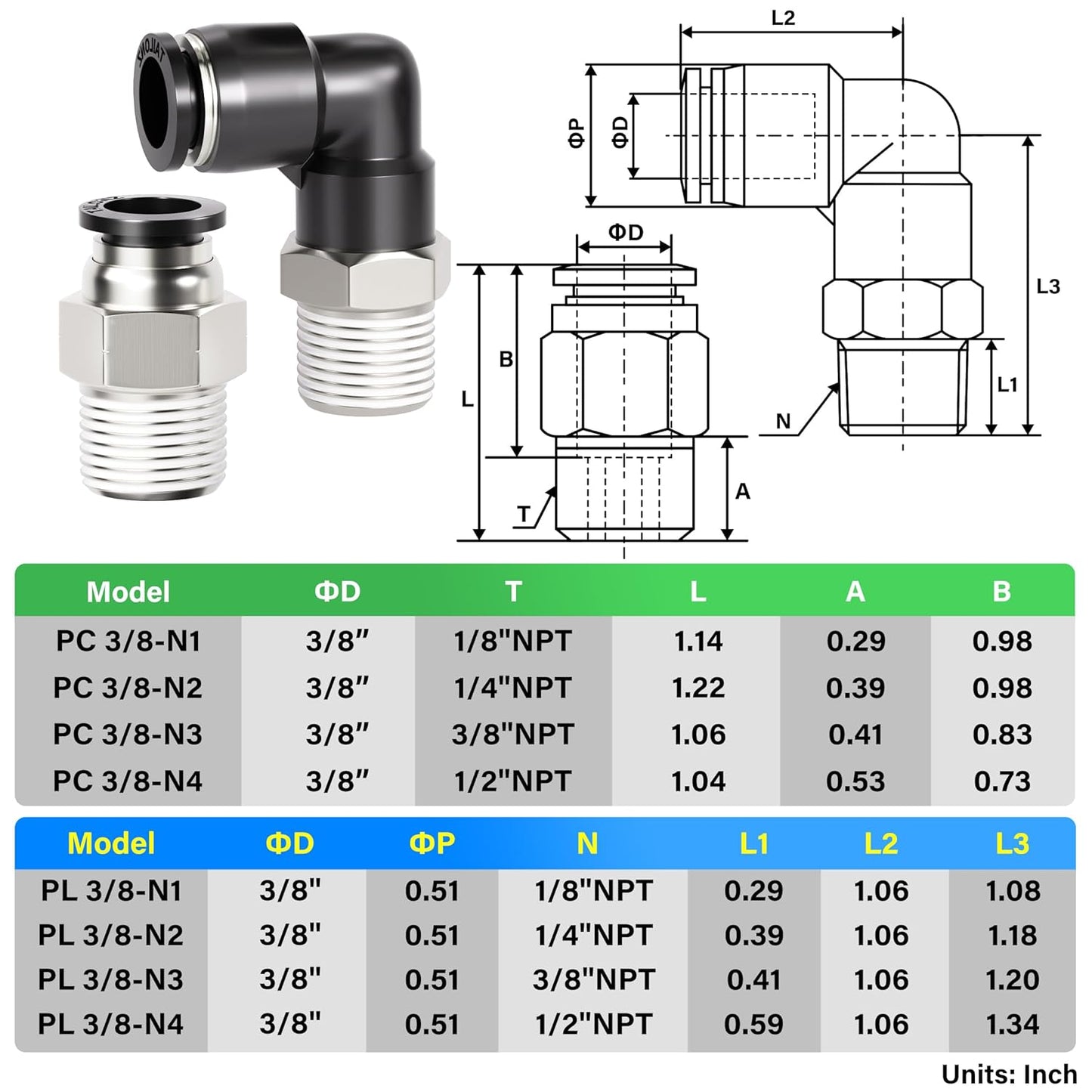TAILONZ PNEUMATIC Elbow and Straight Combination 3/8 Inch Tube OD x 1/4 Inch NPT Thread Push to Connect Fittings PC-3/8-N2+PL-3/8-N2(Pack of 12)