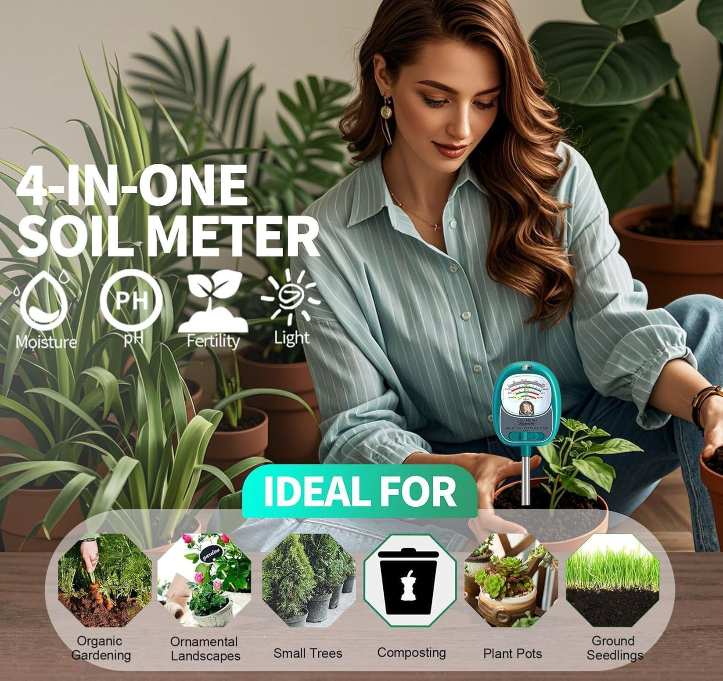 Soil Tester, Soil Moisture Meter/Soil pH Meter/Sun-Light/Fertility for Gardening, Large Dial Soil pH Tester Plant Water Meter for Indoor&Outdoor Garden,Farm Soil Test Kit-GrassGreen
