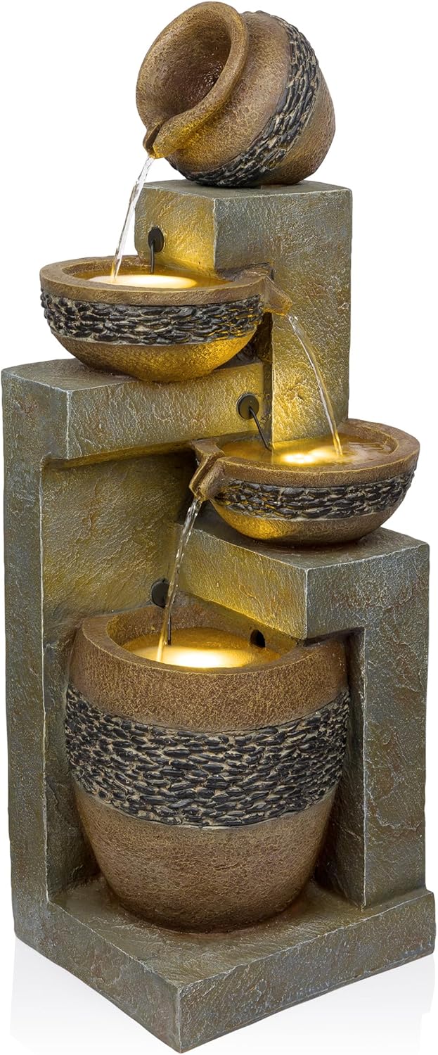 Alpine Corporation TVH244 39" Outdoor 4-Tier Cascading Pots Water Fountain with LED Lights – Freestanding Garden Water Feature for Patios, Yards, and Landscaping, Gray