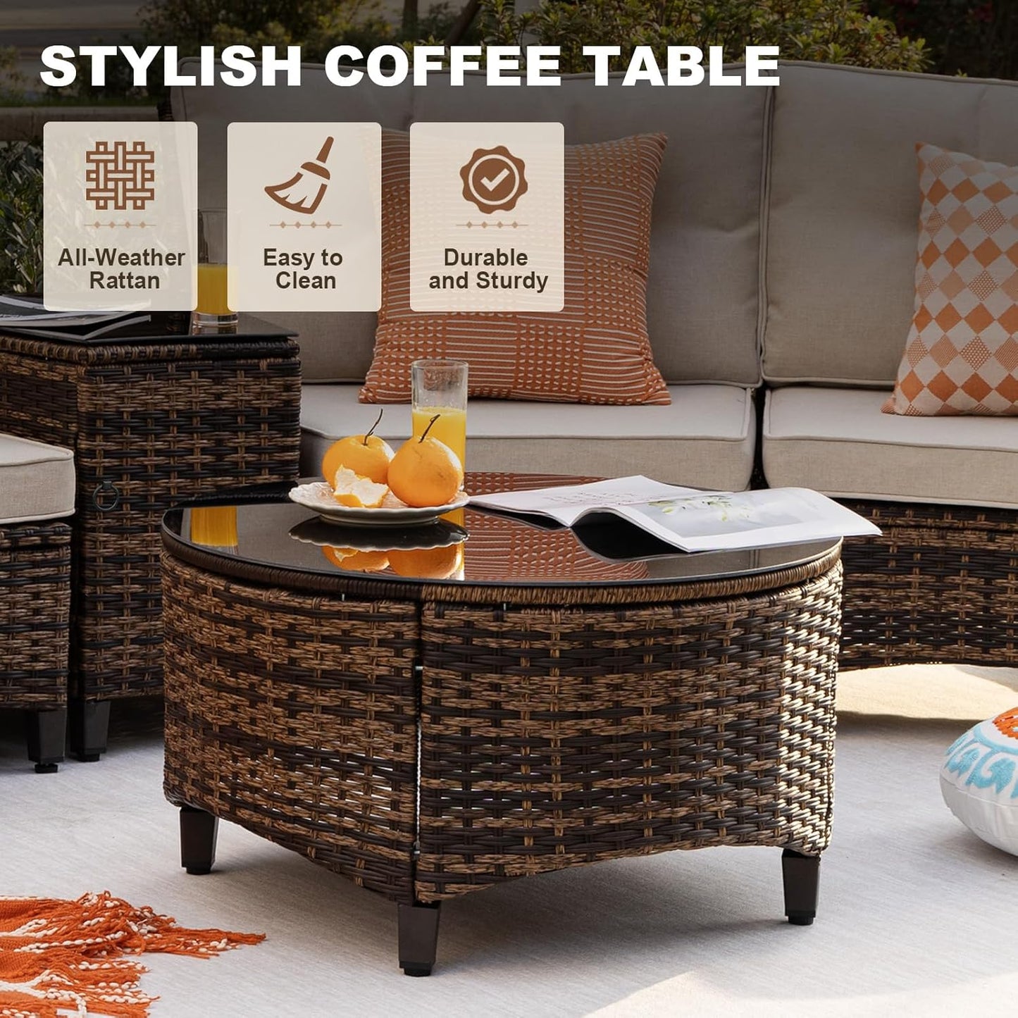 8 Piece Outdoor Patio Furniture Set, Half-Moon Curved Sectional Set with Wood Armrests, Patio Conversation Set, 2 Half-Moon Ottomans，Coffee & Side Tables (Brown)