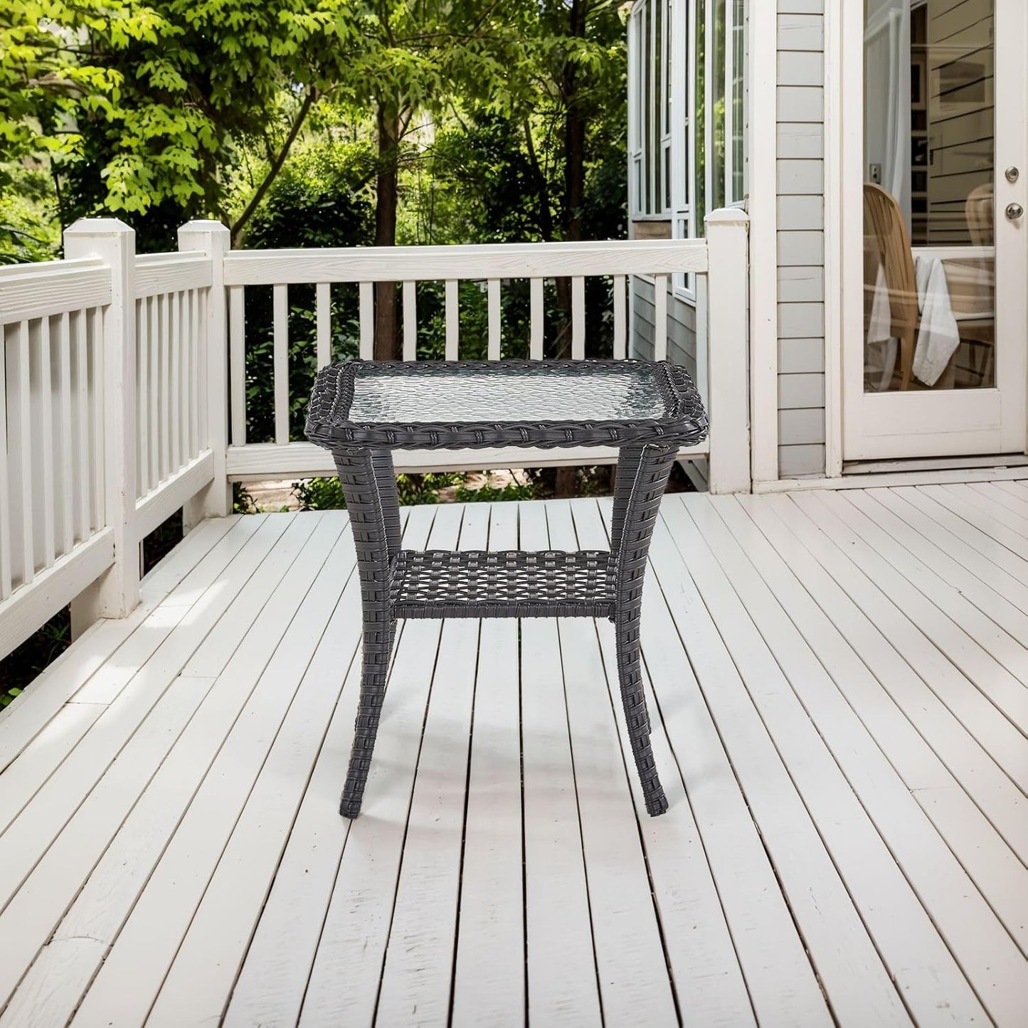 Handwoven Wicker Side Table - 20 Inch Small Outdoor Table 2 Tier Storage with Tempered Glass Top, All Weather Outdoor Patio End Tables for Deck Balcony Outside Black
