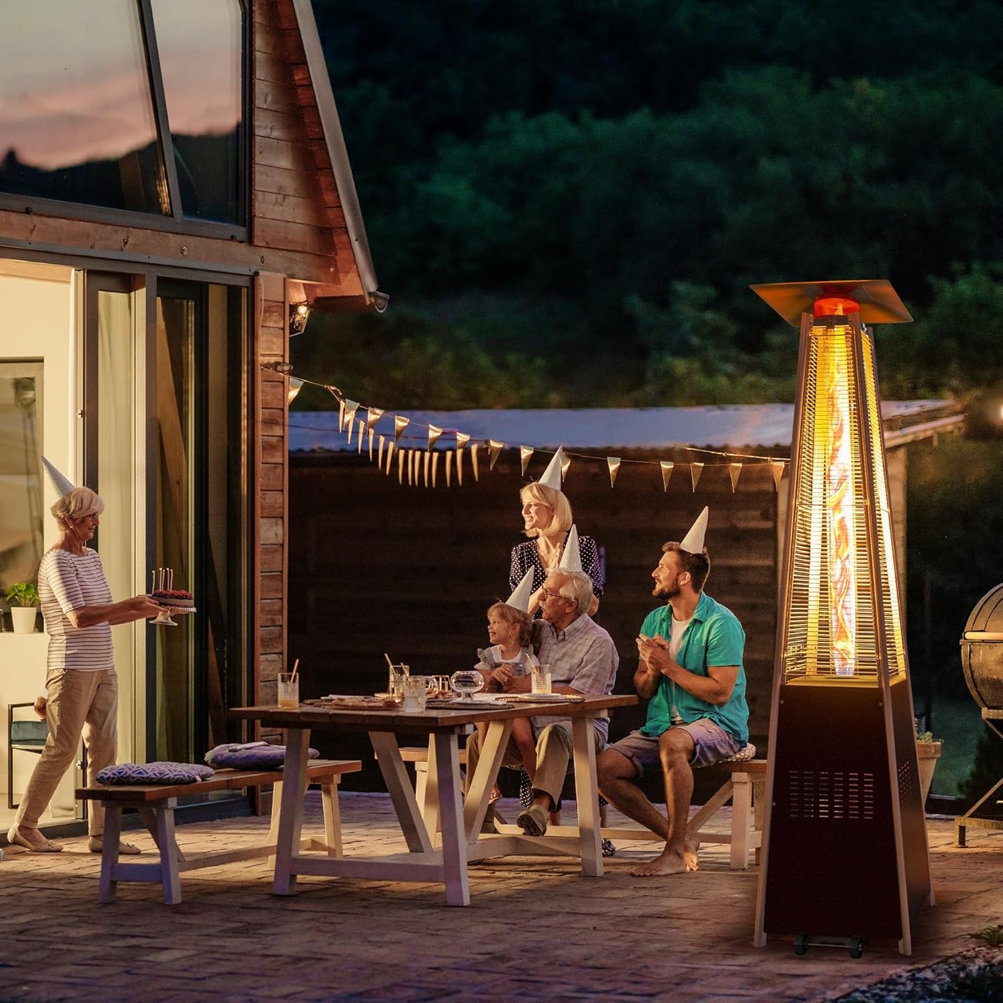 48,000 BTU Flame Pyramid Pool Heater, Triple Safety Protection Portable Patio Heater with Patio Cover, Warm Glass Tube with Durable Wheels-Brown