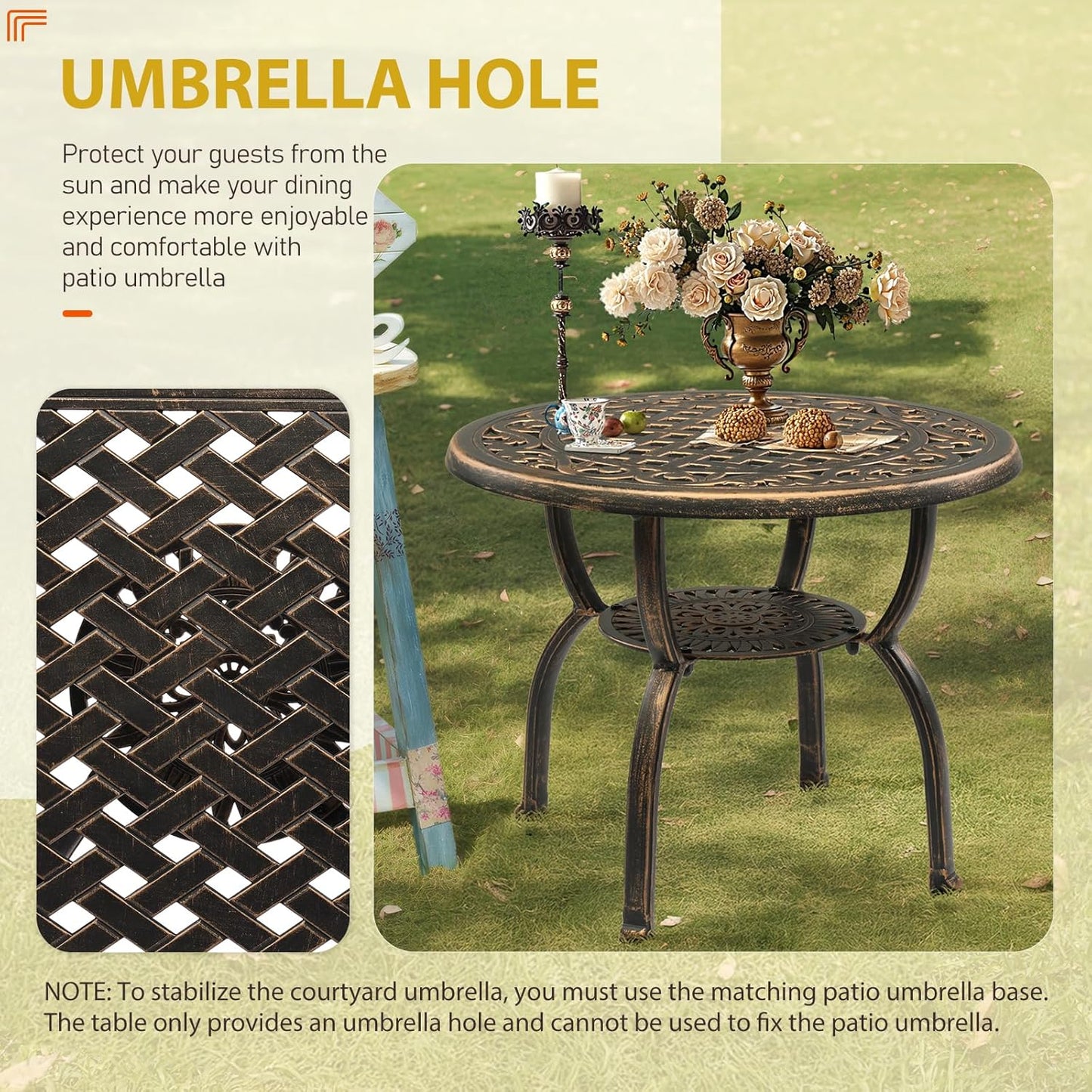 Outvita Patio Side Table, 23.6in Outdoor Round Cast Aluminum Bistro Table and Antique Design for Backyard Porch Pool Balcony Deck Bronze