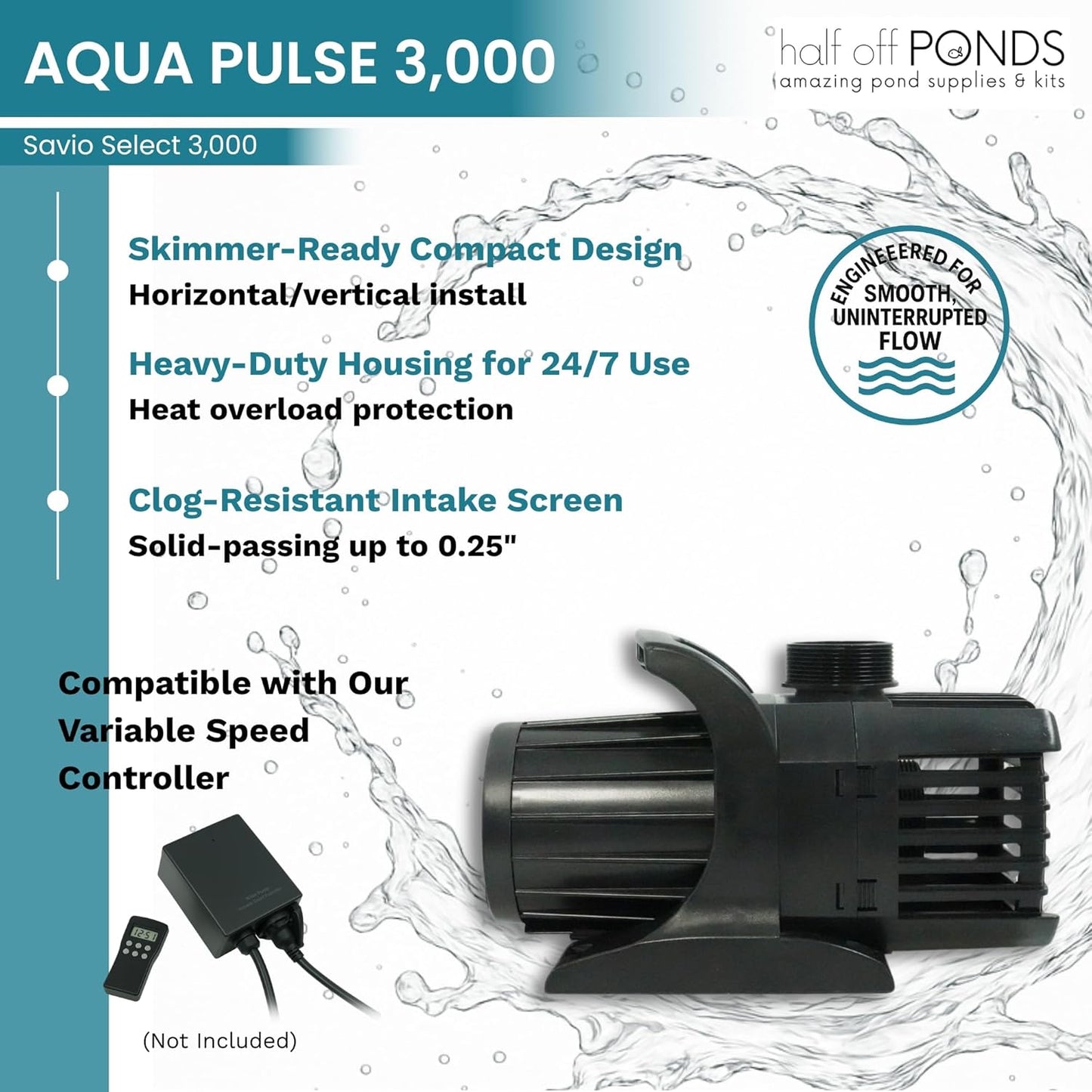 HALF OFF PONDS Savio Select 3,000 GPH Submersible Pump Pond Kit with 15' x 20' EPDM Rubber Pond Liner for Water Garden & Koi Pond