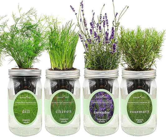 Hydroponic Herb Growing Kit Set, Self-Watering Mason Jar Herb Garden Starter Kit Indoor, Grow 4 Kinds of Herbs from Seeds (Chives,Dill,Lavender&Rosemary)