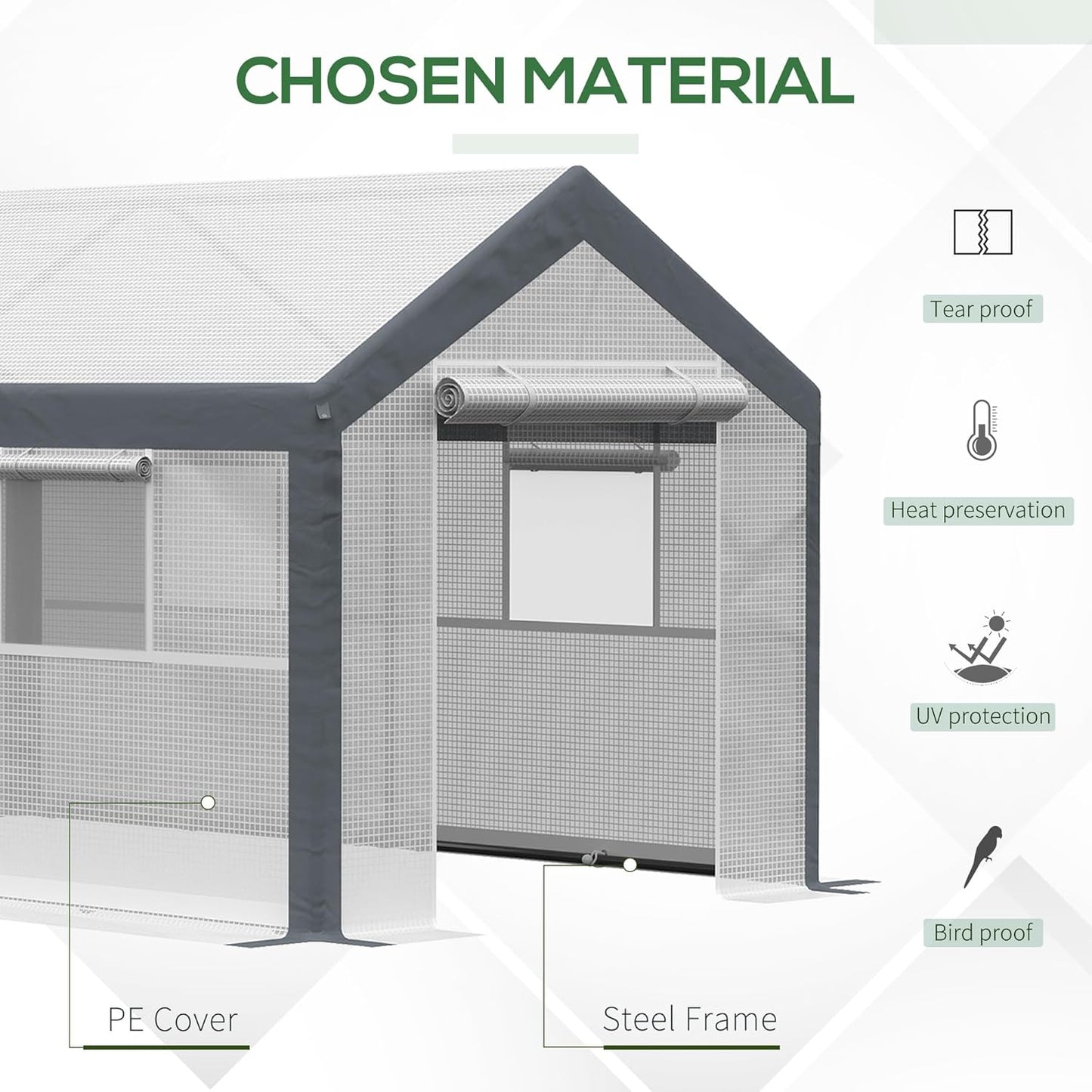 Outsunny 12' x 7' x 7' Walk-in Greenhouse, Outdoor Garden Warm Hot House with 4 Roll-up Windows, 2 Zippered Doors and Weather Cover, White