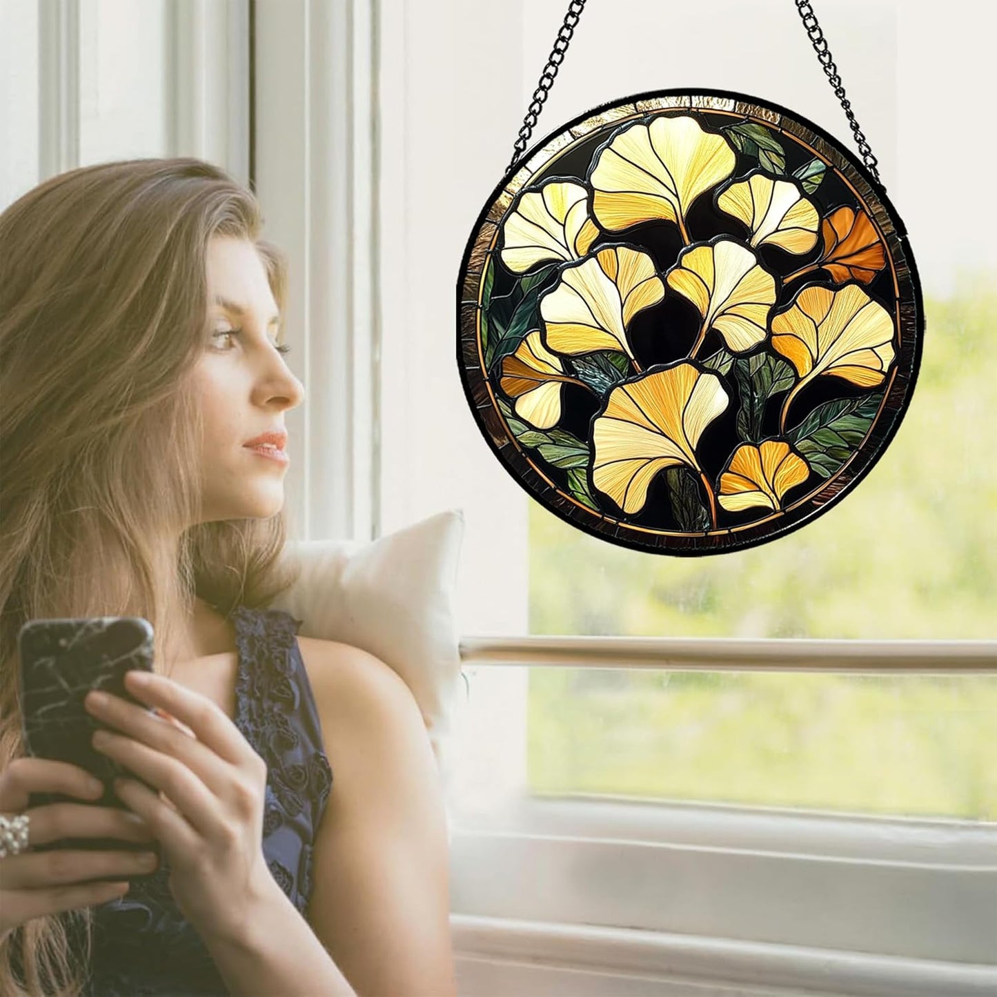 Stained Glass Window Hanging - Ginkgo Leaf Suncatcher for Doors Garden Patio Retro Fall Decor Sun Catchers Christmas Mother's Day Birthday Gifts for Women Men Mom Nana Friend 15 in