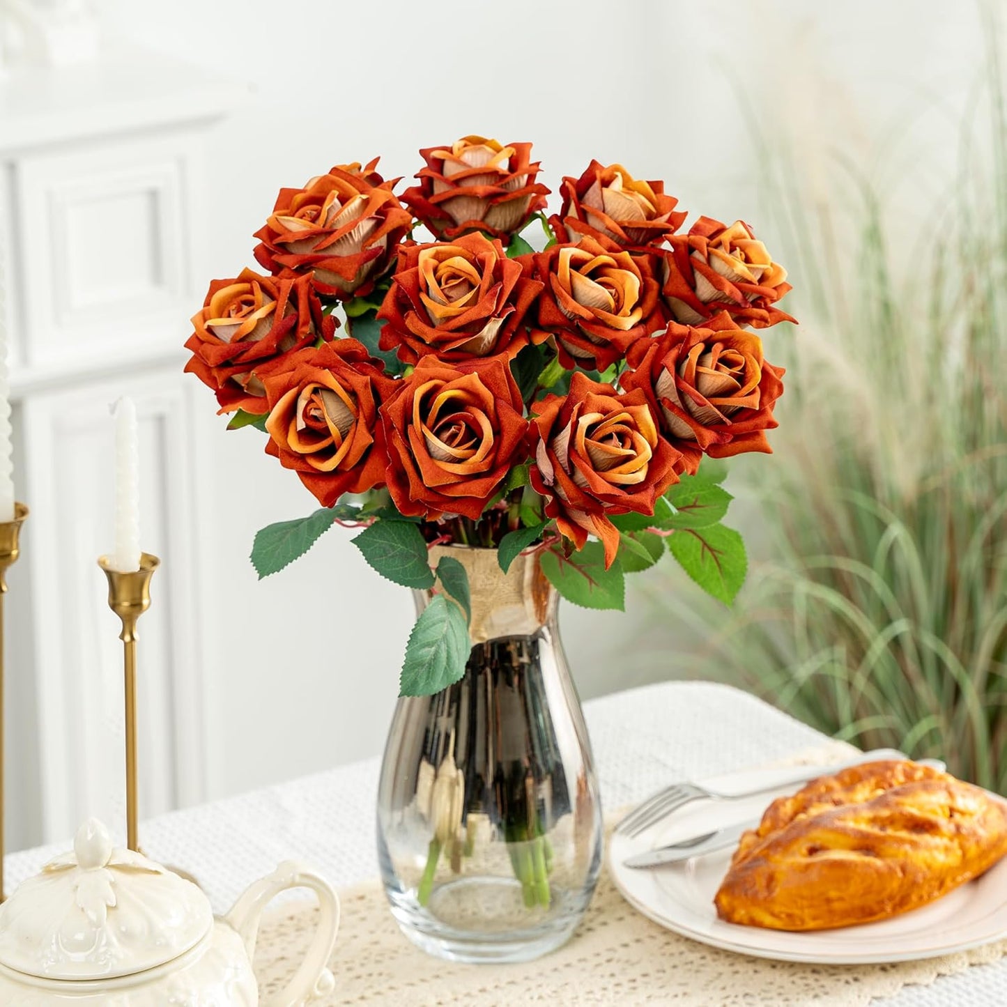 Fake Roses Faux Flowers Silk Roses Artificial Roses with Stems Realistic Artificial Flowers 16.5In Suitable for Indoor Home Decoration DIY Bouquet Wedding Decor Party Decor (Orange) 12PCS