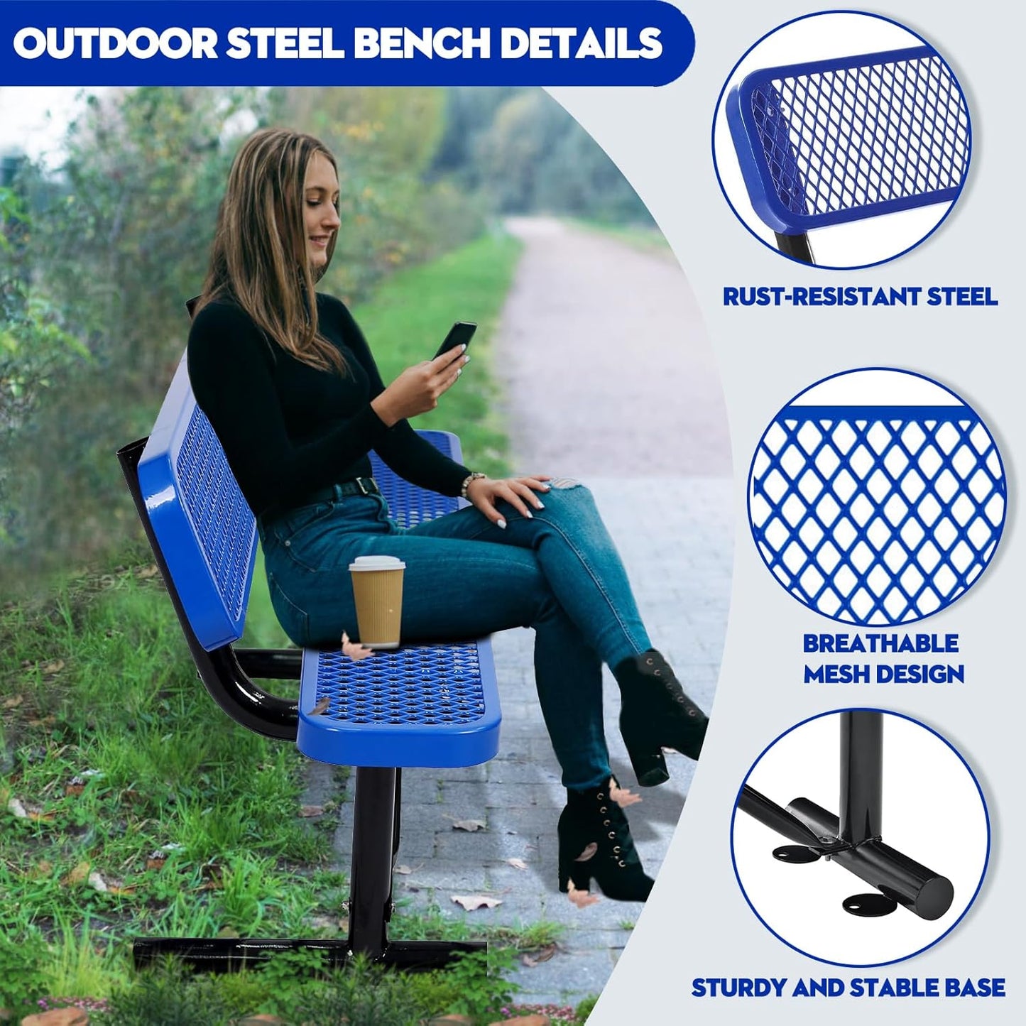 Outdoor Garden Bench, Cast Iron Metal Frame Patio Park Bench with Backrest, Portable Expanded Metal Black Bench, Commercial-Grade Outdoor Seating for Lawn, Patio, Park, Yard, Garden (Blue, 4FT/48'')