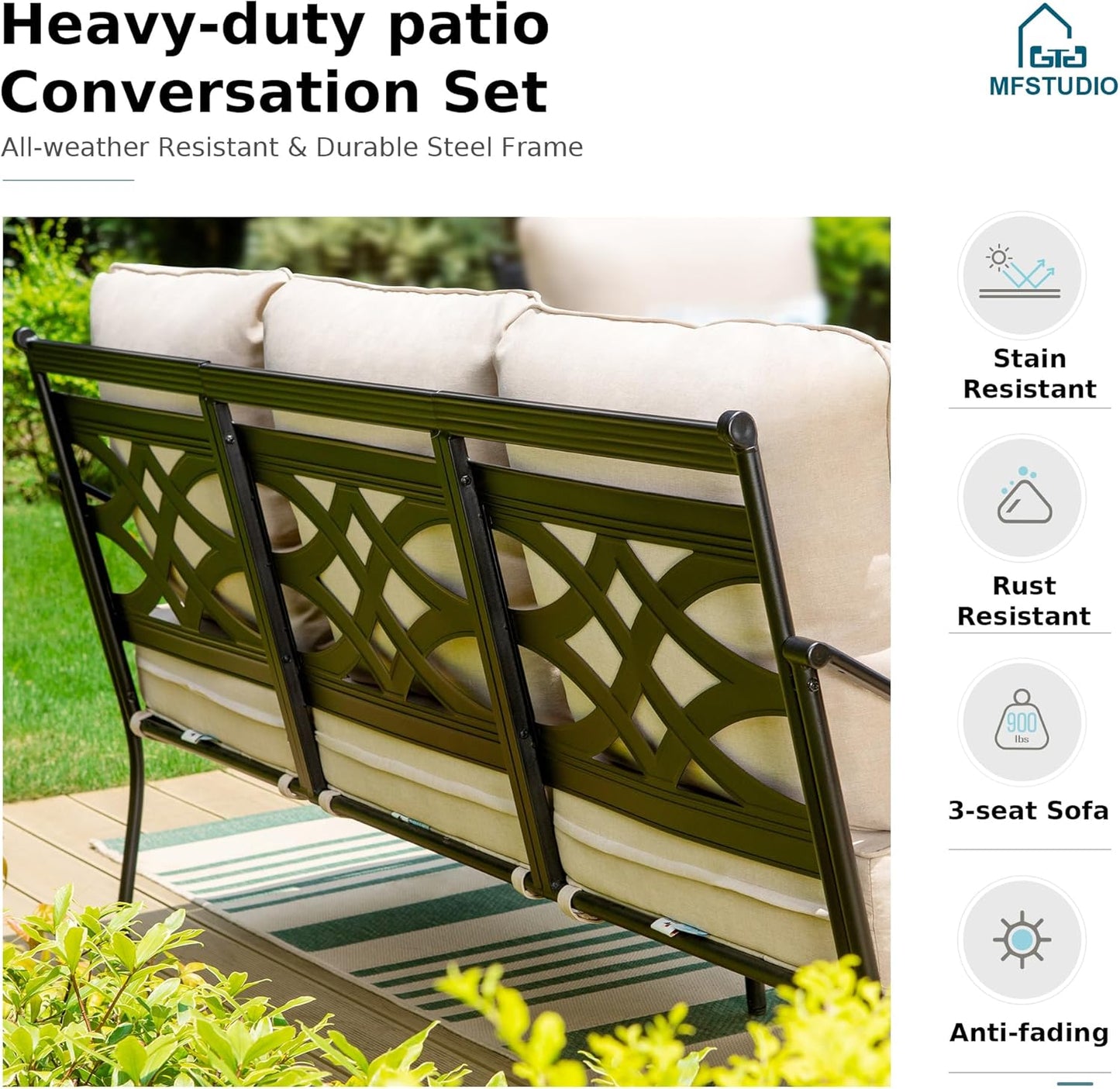 MFSTUDIO 5 Seats Large Metal Patio Conversation Sets, 4 Pieces Outdoor Patio Furniture Sofa with 2 Motion Chairs, 1 3-seat Sofa and Table for Outside Balcony Backyard Poolside