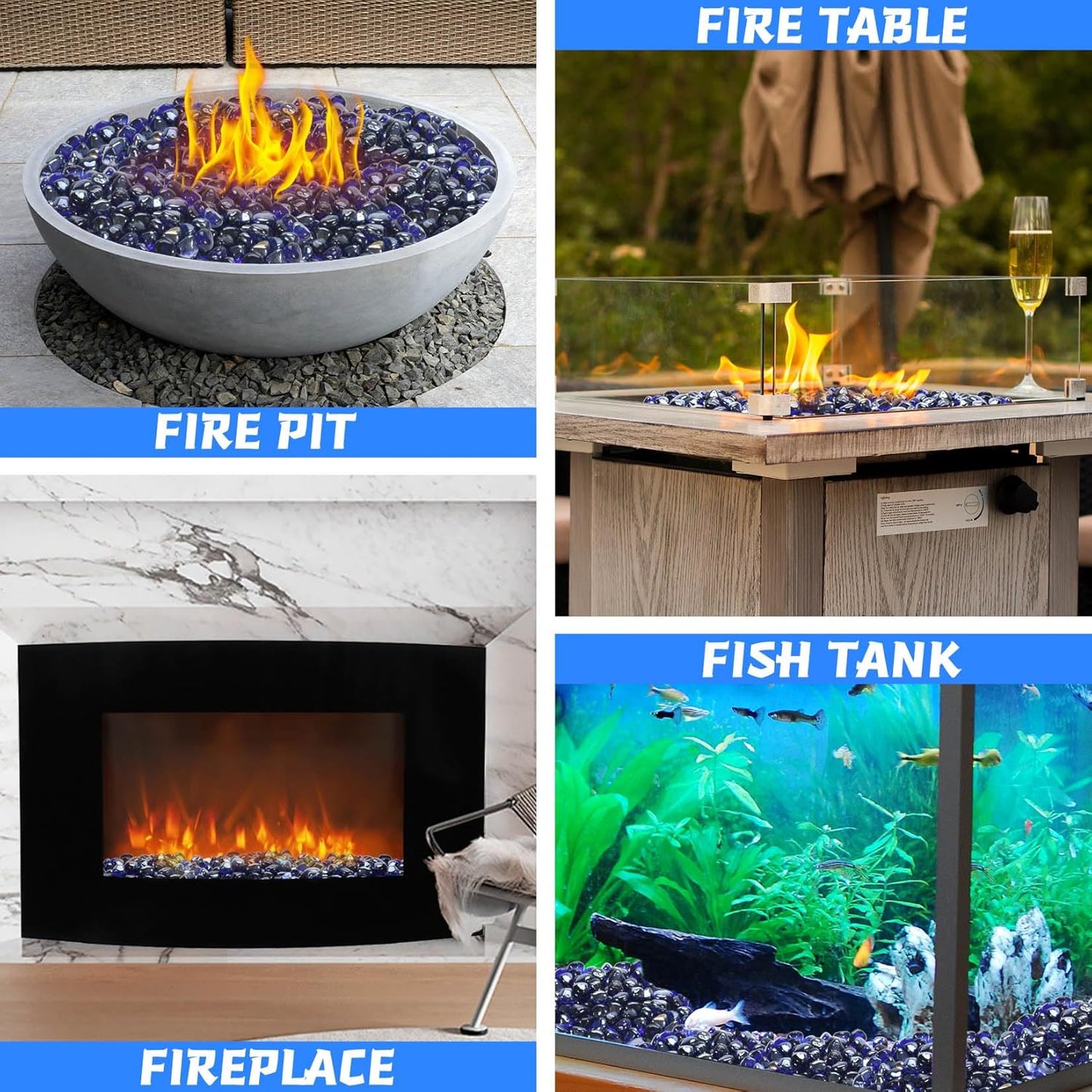Fire Glass, Cobalt Blue Fire Stone for Propane Firepit, Fireplace and Outdoor Decorative. High Luster Diamonds 1 Inch Glass Beads, 10LB