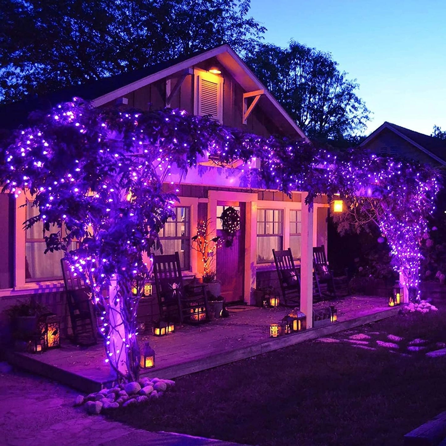 JMEXSUSS 4 Pack Purple Solar String Lights Outdoor Waterproof, 100 LED 33ft Purple Solar Fairy Lights, 8 Modes Copper Wire Christmas Light for Halloween Christmas Garden Yard Tree Decor