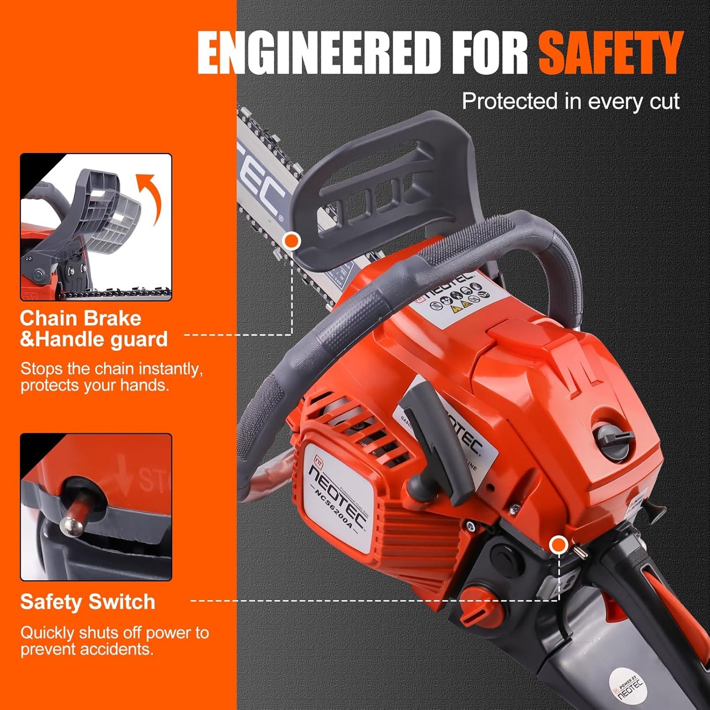 62CC 2-Cycle Gas Powered Chainsaw, 20 Inch Handheld Cordless Petrol Gas Chainsaw for Backyard Storm Cleanup Tree Wood Firewood Cutting
