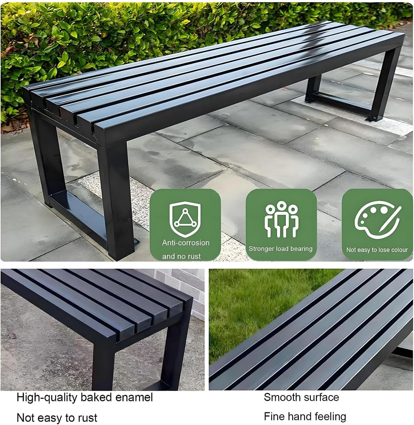 Weatherproof Metal Dining Bench, Outdoor Bench Backless Patio Bench 2-Person Farmhouse Bench Garden Bench for Kitchen, Living Room, Entryway(Black,40in)