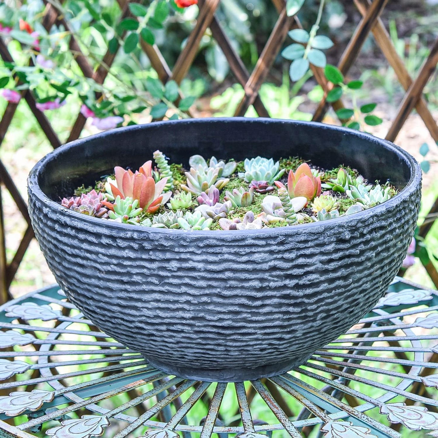Sungmor Large Garden Bowl Planter Water Plant Pot, Miniature Landscaping Succulent Planter, 15.6 Inch Marble Texture Water Lily Pots, Small Fountain Base Mini Fish Pond Bird Bath