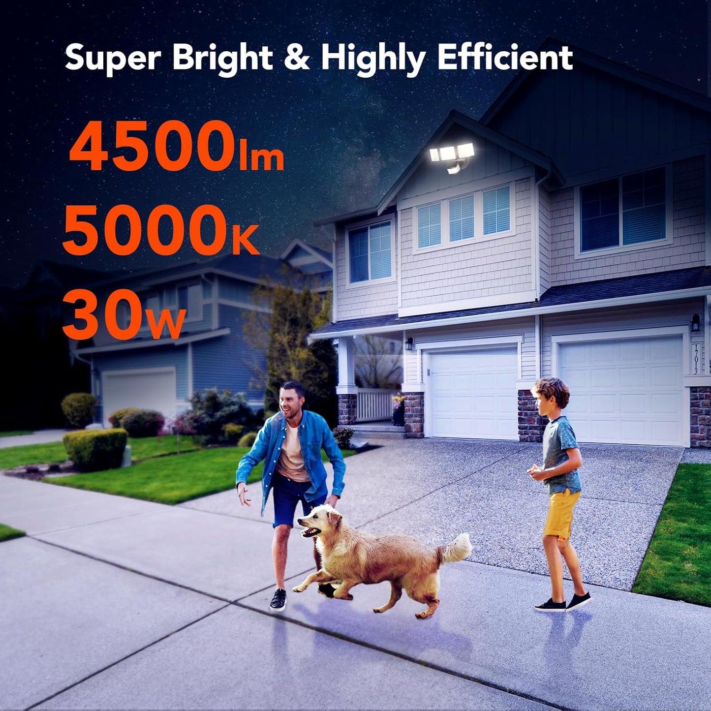 OREiN 2 Pack Motion Sensor Outdoor Lights, 4500LM/30W 180°/50FT Motion Sensor, Dusk to Dawn Flood Lights Outdoor IP65 Waterproof 3 Modes LED Security Light for Garage, Yard, Black (Hardwired)