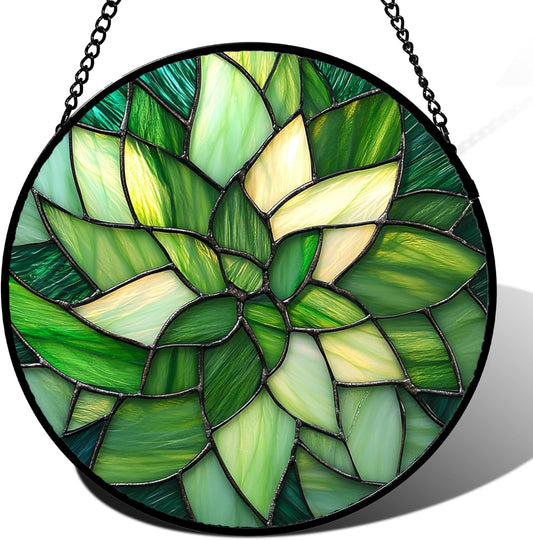 Stained Glass Window Hanging - Green Plants Suncatcher for Doors Garden Patio Flowers Sun Catchers Decor Christmas Mother's Day Birthday Gifts for Women Men Mom Nana Friend 9.8 in