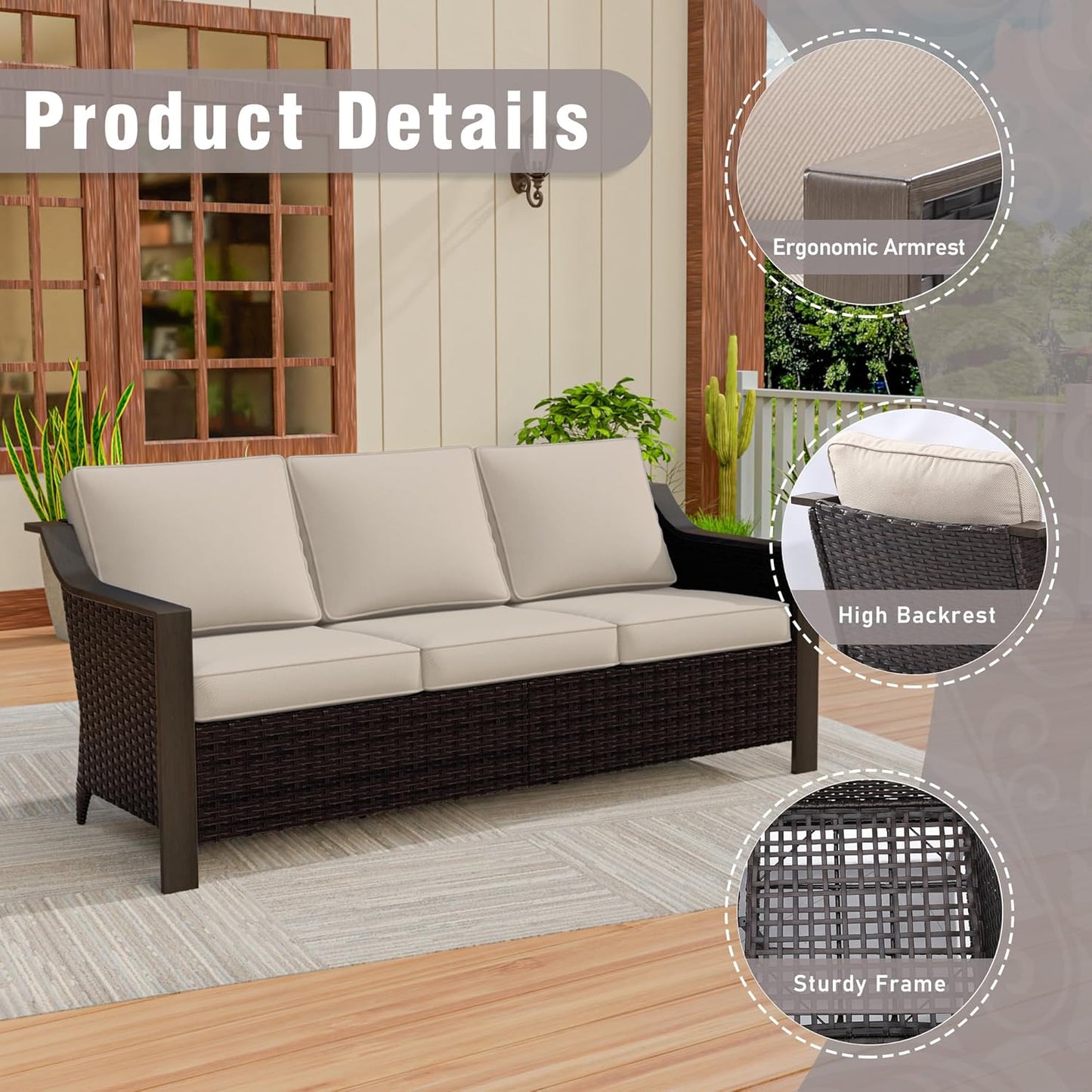 74 Inch Patio 3-Seater Sofa,PE Wicker Outdoor Lounge with Thick Removable Water-Resistant Cushions, Rust-Proof Steel Frame, 900LBS Capacity, Beige