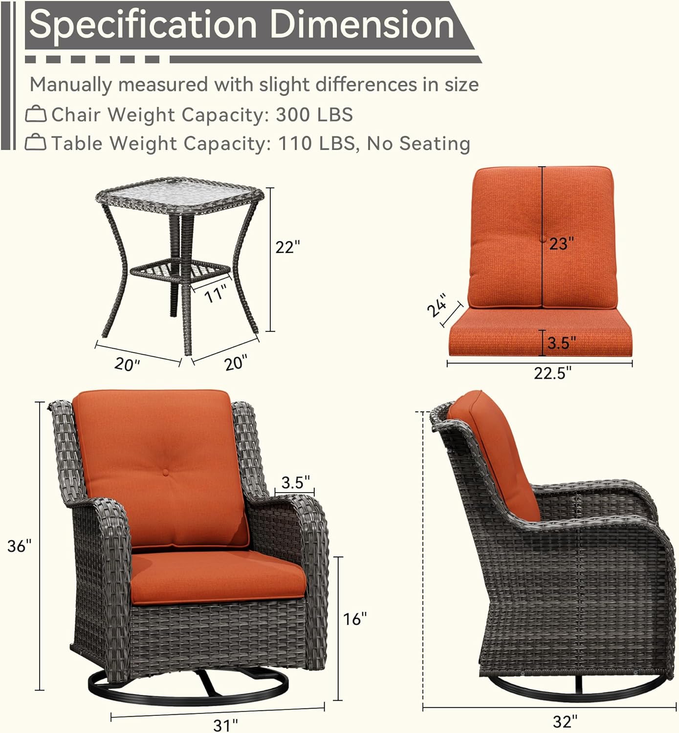 6 Pieces Outdoor Furniture Set - Patio Wicker Swivel Rocker Chair Set of 4 and 2 Side Table, Orange, Mixed Brown Rattan, Suitable for Porch, Yard