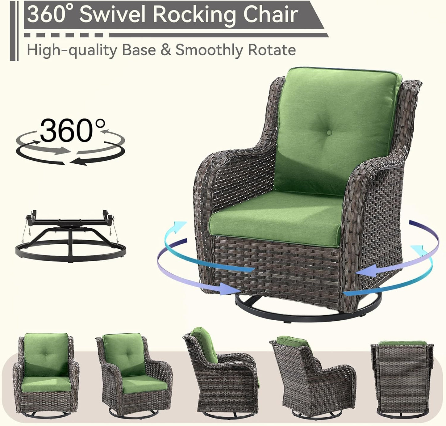 5 Piece Outdoor Patio Furniture Set Wicker Conversation Set Swivel Rocking Chairs with Side Table and Ottomans for Backyard, Porch, Deck, Green
