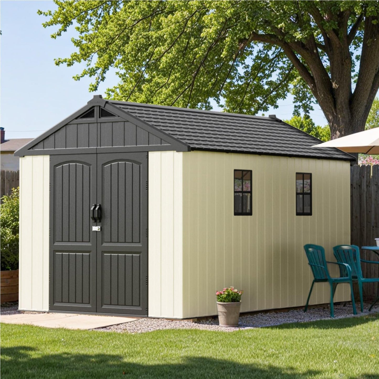Patiowell 8 x 12 FT Resin Outdoor Storage Shed with Floor, Large Shed with Light and Lockable Door for Garden, Backyard, Tool Storage Use, Easy to Install in Beige (Kick-it Shed)