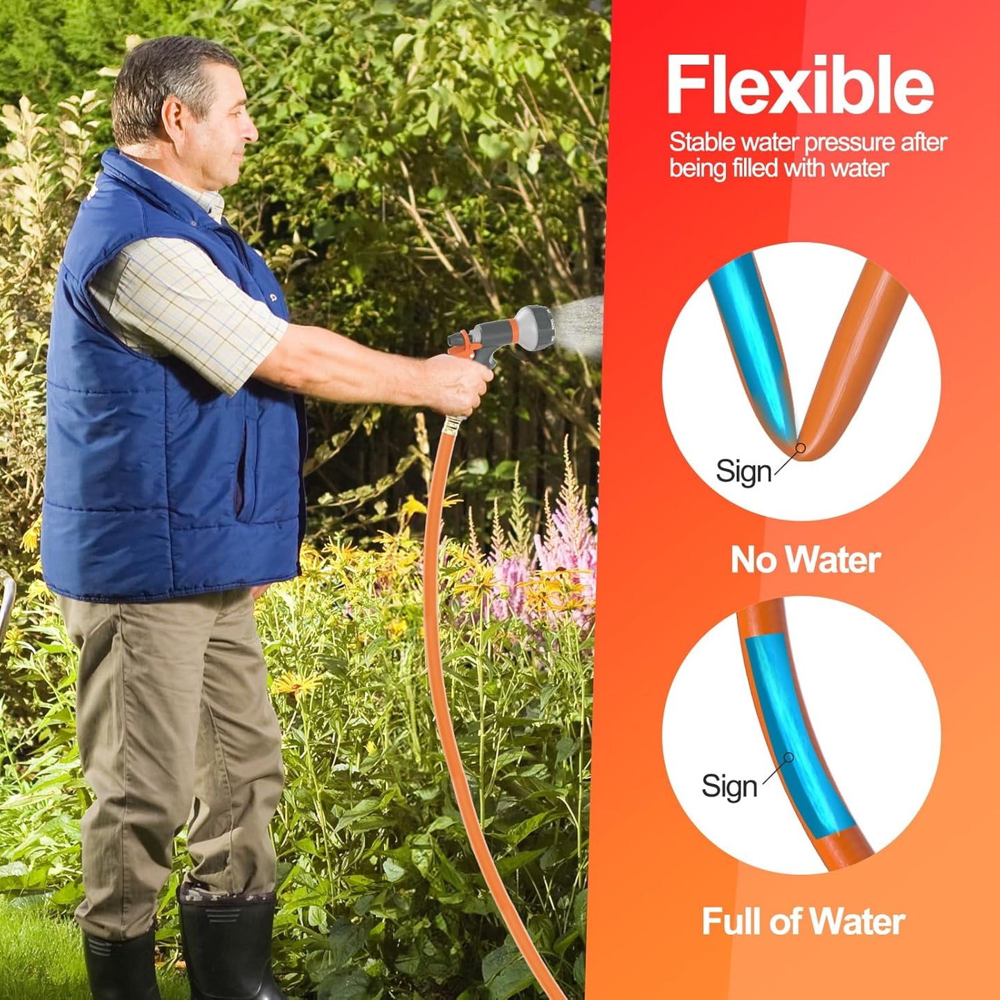 Garden Water Hose 50 ft x 3/4 in Heavy Duty, Flexible and Lightweight, Burst 600 psi, Kink-less Hybrid Rubber Pipe for Backyard, 3/4'' Brass Fittings, Orange
