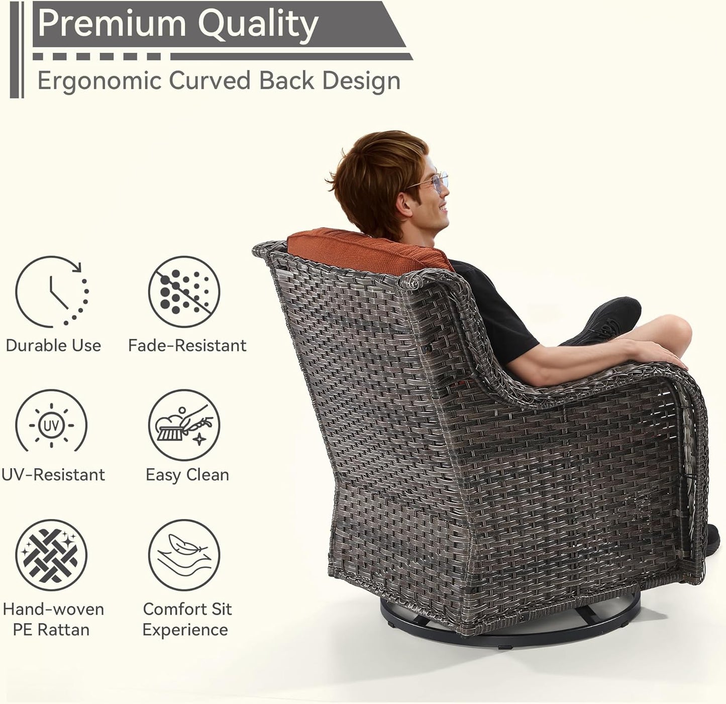 Outdoor Swivel Rocker Patio Chairs Set of 2 - Outdoor Wicker Patio Conversation Sets 2 Pieces with Olefin Fabric Cushions Suitable for Backyard Deck and Porch, Orange