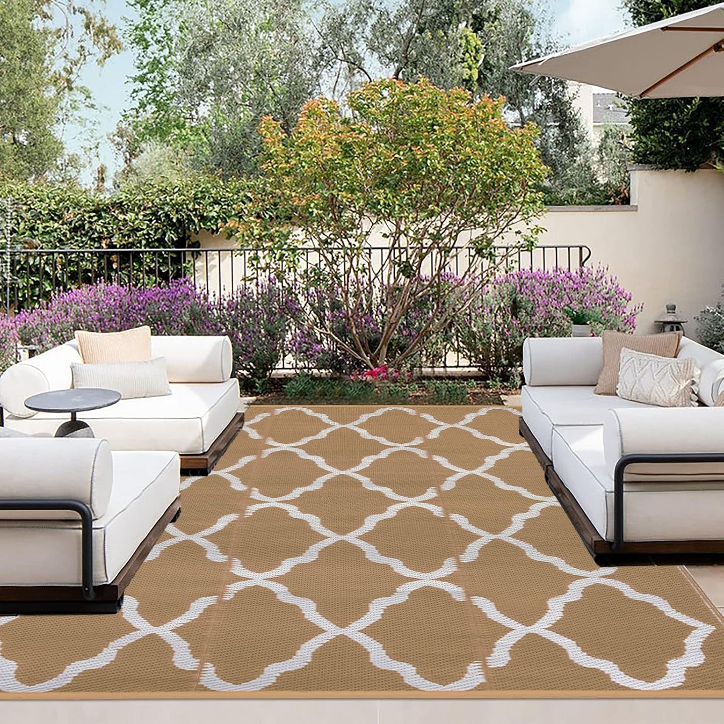 OutdoorLines Outdoor Plastic Area Rugs for Patio 5x8 ft - Reversible Outside Carpet, Stain & UV Resistant RV Mats, Straw Rug for Camping, Deck Garden, Porch and Balcony, Moroccan/Brown & Light Grey