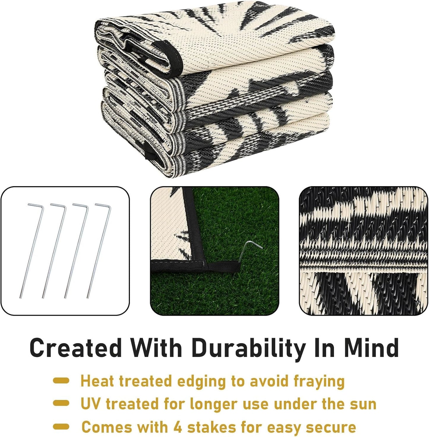 Outdoor Rug Waterproof for Patios Clearance, Reversible Outdoor Plastic Straw Rug Camping Carpet, Outside Floor Mats Large Area Rugs for RV,Patio,Deck,Porch,Beach, Balcony，8'x10',Black&Beige
