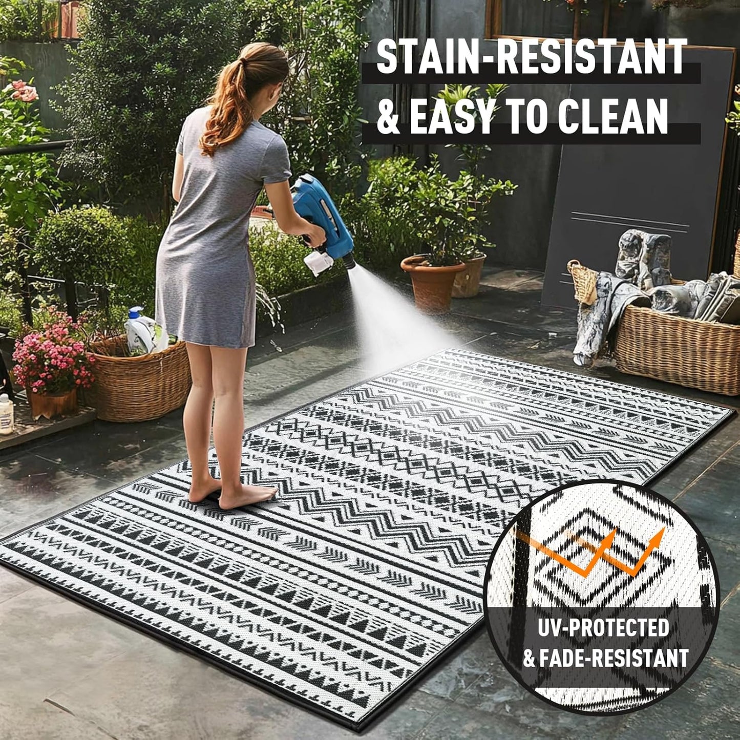 WILDROOTS 4x6 Feet Black and White Plastic Outdoor Rug, Stain Resistant Waterproof Reversible Outdoor Patio Rug, Fade Resistant Camping Rug
