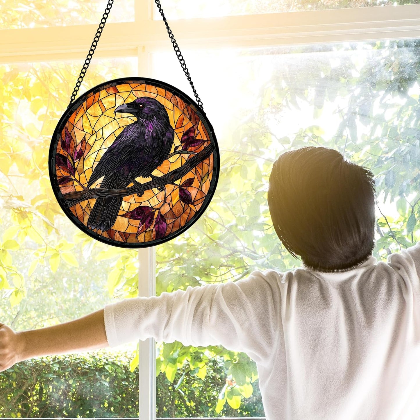 Stained Glass Window Hanging - Crow on a Branch Suncatcher Ready to Hang Window Doors Home Decoration and Christmas, Mother's Day Birthday Gifts for Women, Men, and Mom 9.8x9.8 in
