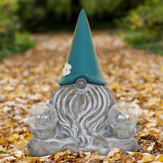 Exhart Garden Sculpture, Meditating Yoga Solar Garden Gnome Statue. LED Flower Hat with 2 Glass Crackle Balls, Outdoor Garden Decoration, 9 x 11.5 Inch