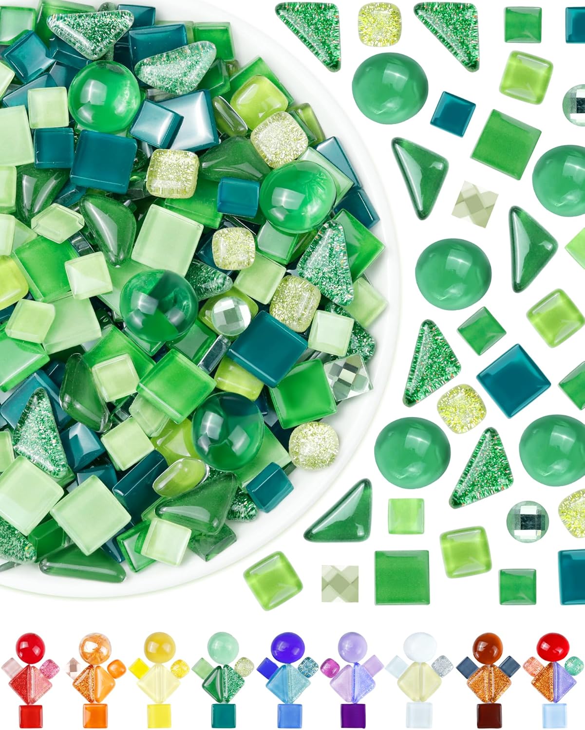 FIVEIZERO 420g Mosaic Tiles for Crafts - 280Pcs Glass Mosaic Kits, Mixed Shapes Mosaic Glass Pieces for Art, Irregular Tiny Mosaic Tile for DIY Projects, Home Decoration(Green)
