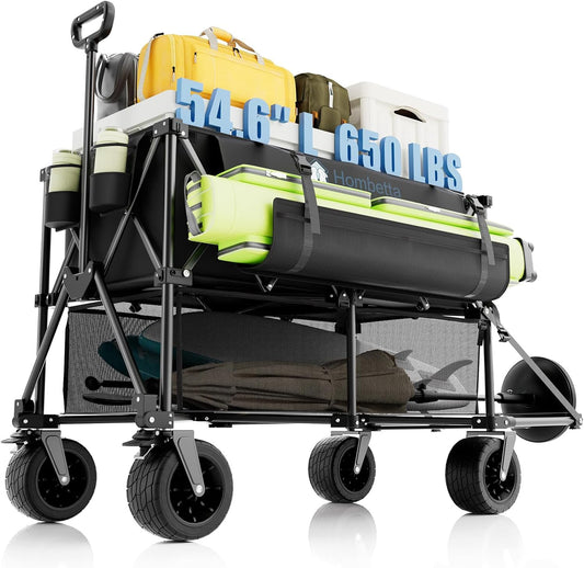 Folding Double Decker Wagon, 560LBS Heavy Duty Utility Cart with Brakes, 400L Wagon Cart with Wheels Foldable, All-Terrain Big Wheels for Camping, Beach, Picnic, Outdoor Use, Black