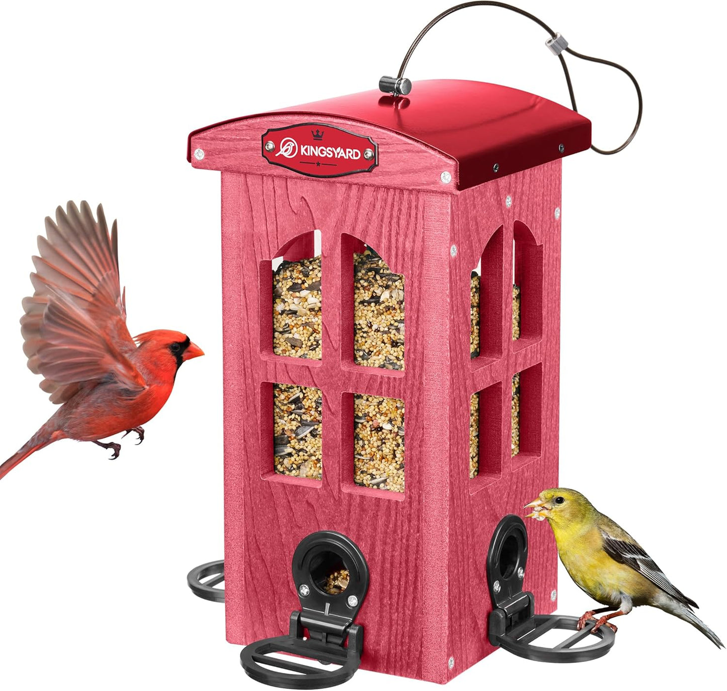 Kingsyard Upgraded Rainproof Bird Feeder for Outdoor Hanging - Metal Feeding Port, Recycled Plastic Wild Bird Feeder with Metal Mesh Tray for Goldfinch Small Bird, Garden Yard Decoration, Red