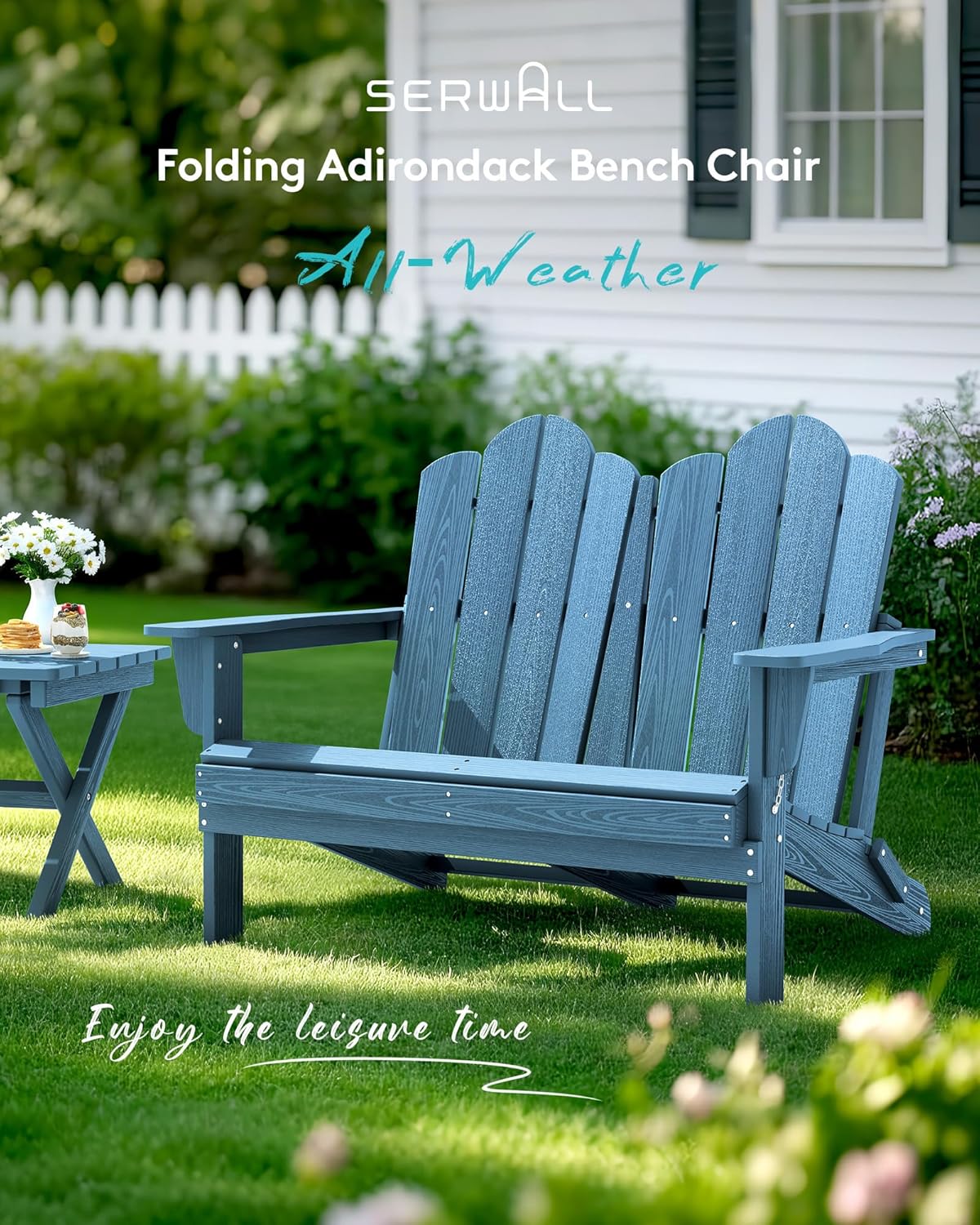 SERWALL 2 Person Adirondack Loveseat, HDPE All-Weather Folding Adirondack Bench Chair, Outdoor Adirondack Chair Set of 4, Navy