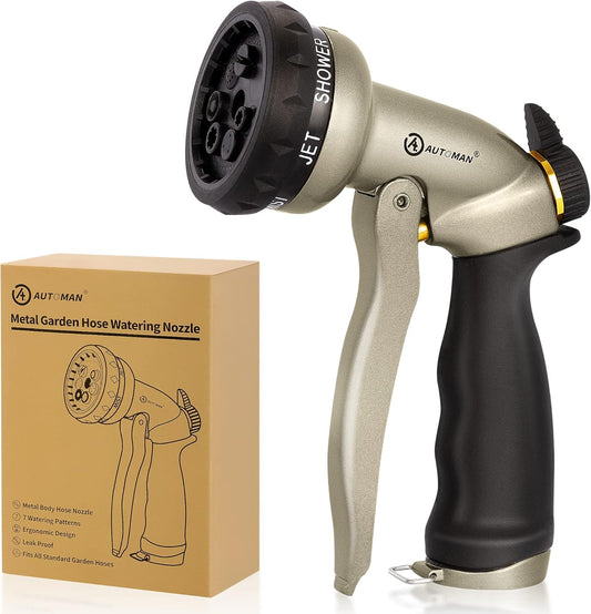 AUTOMAN Garden Hose Nozzle - 7 Patterns Sprayer, 100% Metal High Pressure Spray Nozzle, Labor-Saving Design, Heavy Duty Water Hose Nozzle for Garden Watering, Car Washing, Window Cleaning,Pets Bathing