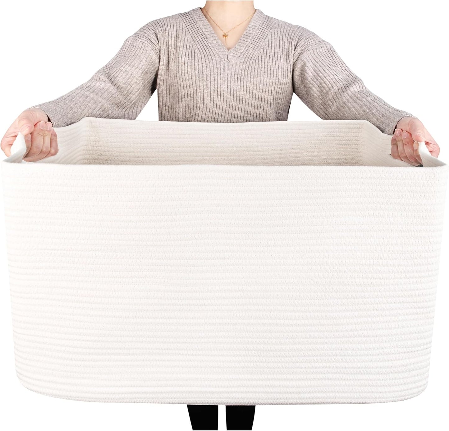 MINTWOOD Design 22in Extra Large Blanket Basket Holder Living Room, Rectangle Rope Woven Storage Basket with Handles for Laundry, Pool Towels, and Shoes, Dog Toy Organizer Bin Box, Creamy White