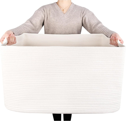 MINTWOOD Design 22in Extra Large Blanket Basket Holder Living Room, Rectangle Rope Woven Storage Basket with Handles for Laundry, Pool Towels, and Shoes, Dog Toy Organizer Bin Box, Creamy White