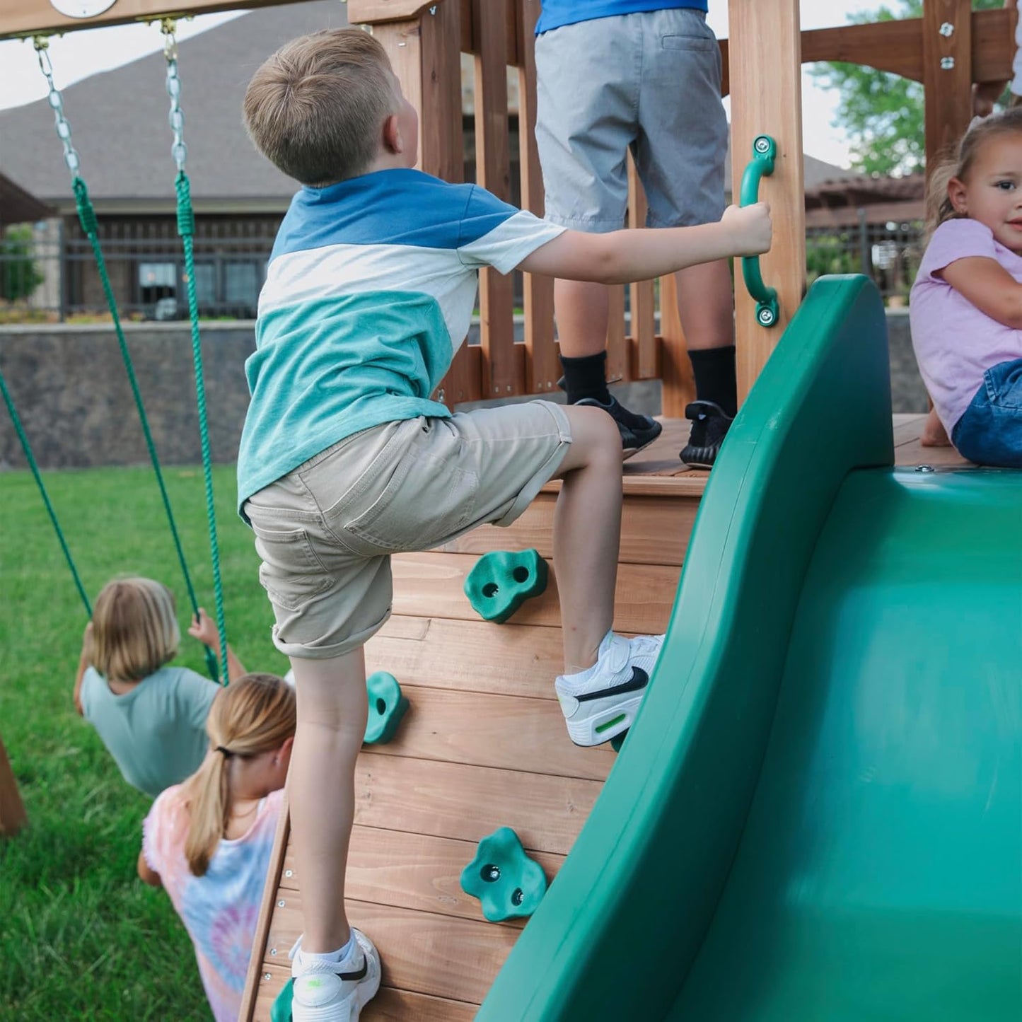 Backyard Discovery Lightning Ridge Cedar Wood Swing Set with Wave Slide, Play Deck, Rock Wall, Sandbox, Belt Swings, Toy Telescope, Steering Wheel, Step Ladder, Outdoor Playset