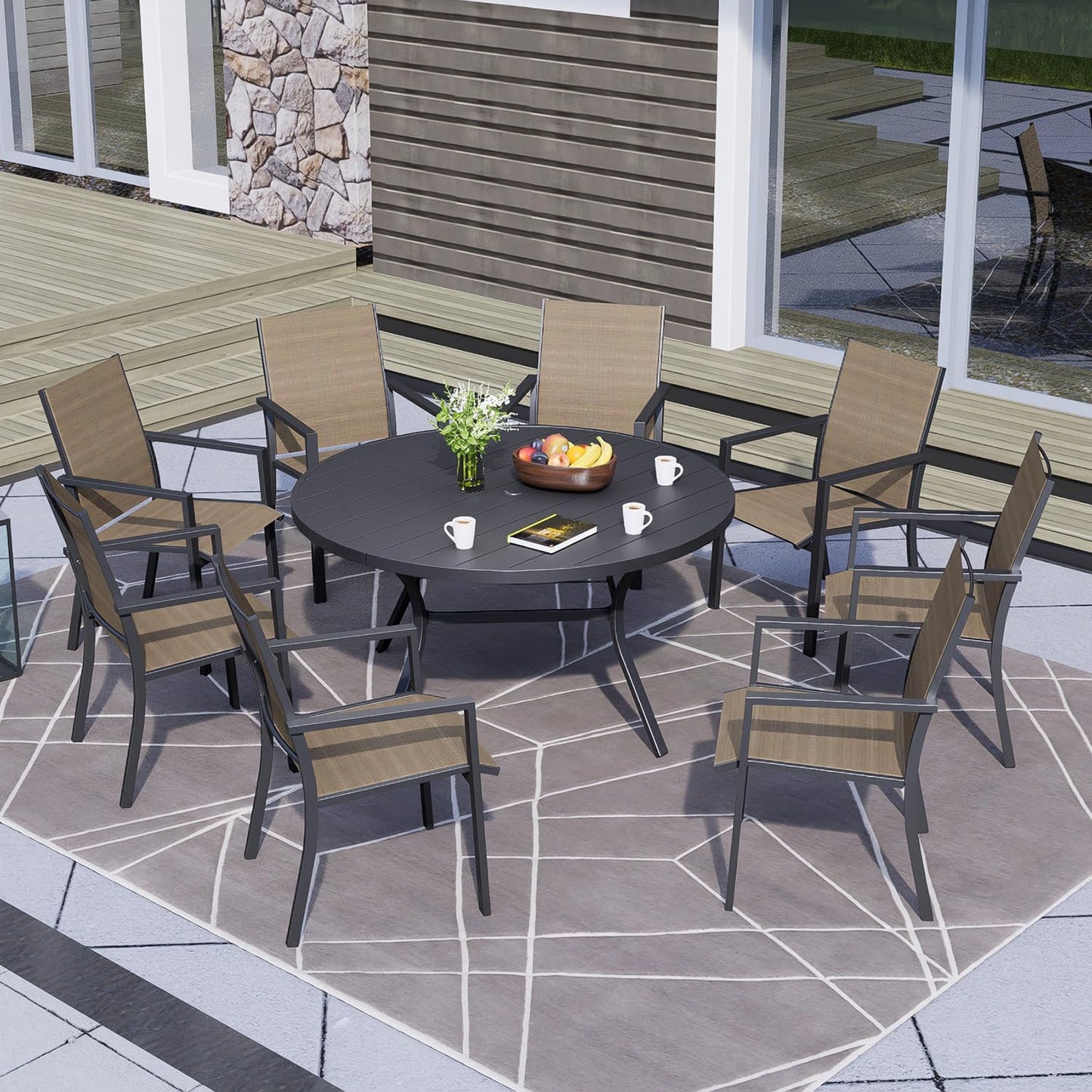 Outdoor Patio Round Dining Table, 58"x 58" Metal Slatted Round Tabletop with Adjustable Umbrella Hole for Deck Lawn Garden Backyard Balcony Deck, Black