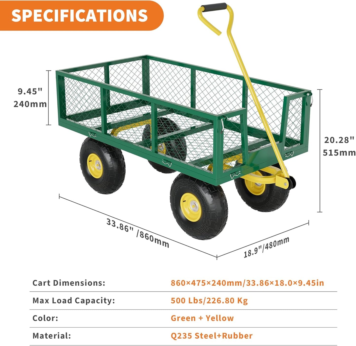 500 Lbs Garden Wagon, 2-in-1 Heavy-Duty Steel Garden Cart, with 10 Inch All-Terrain Tires and Removable Mesh Side Panels, 180° Rotating Handle, Metal Utility Yard Trailer, Outdoor Gardens Wagon Cart