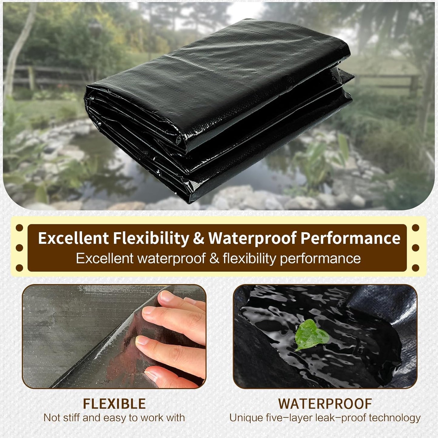 yeezoo 25X25FT Reinforced Large PE Pond Liner, KOI Pond Liners for Outdoor Ponds, Enhanced 5-Layer Structure Pond Liner for Fish, Duck, Garden Raised Bed and Waterscape Pond(0.63oz/sq ft Thickness)