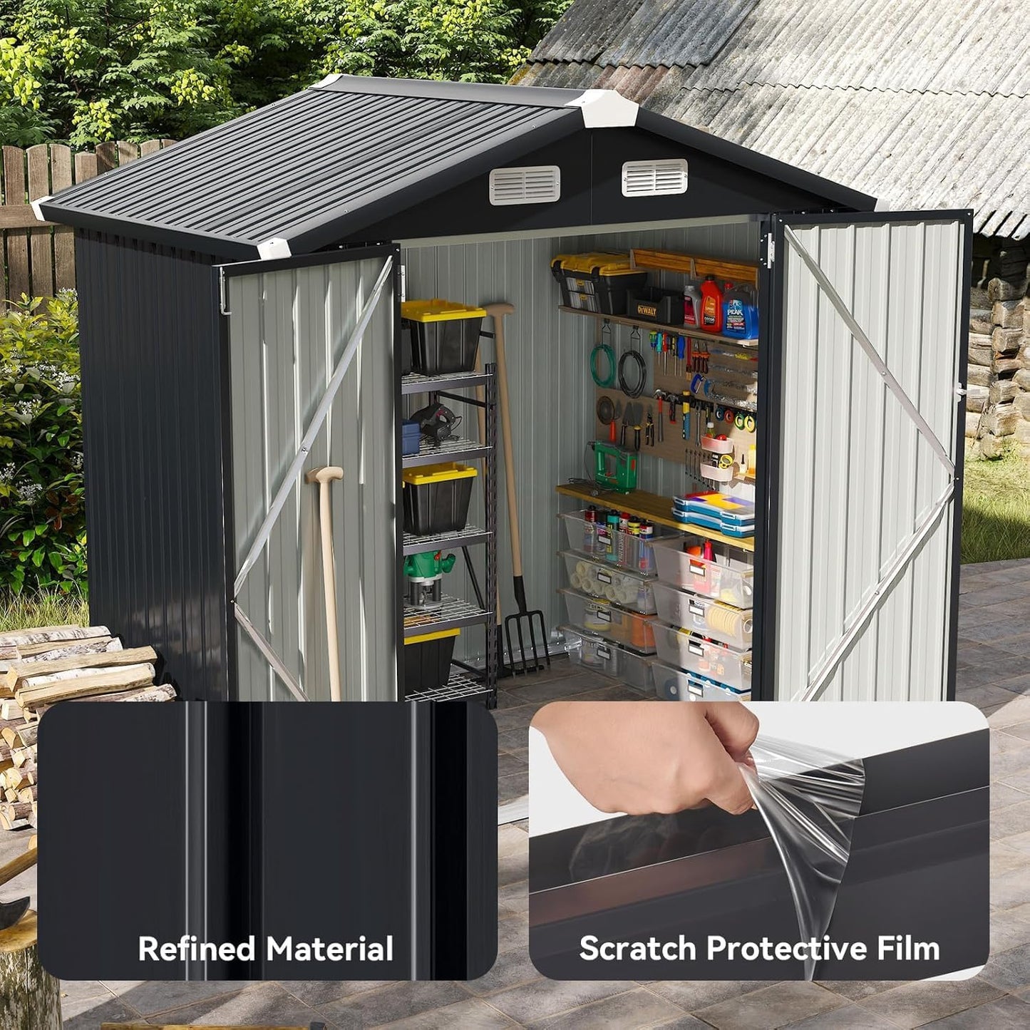 Aoxun 6.2x4 FT Shed Outdoor Galvanized Storage Shed with Large Lockable Doors for Lawn, Backyard, Patio (Black)