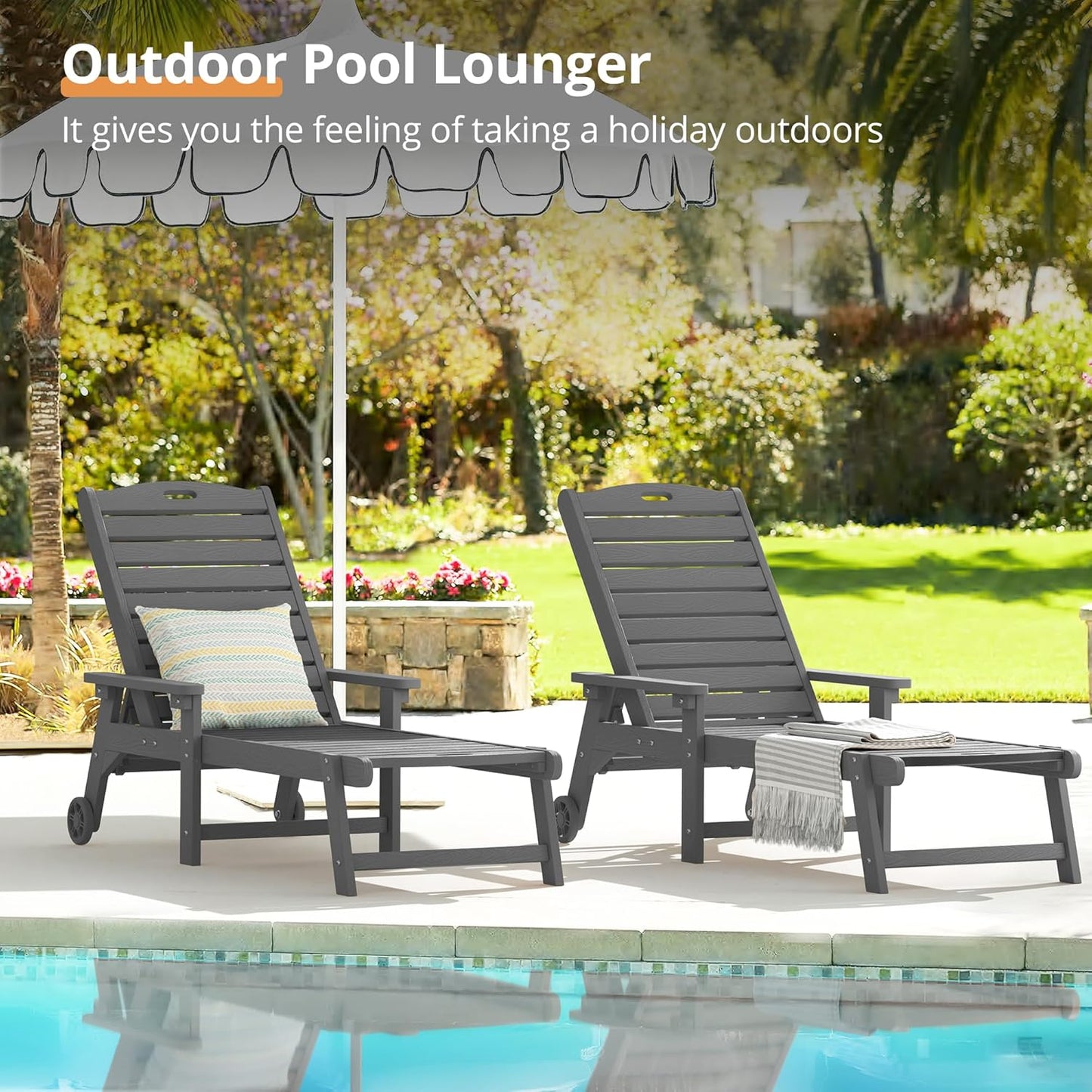 LUE BONA Chaise Lounge Chairs Set with Table, 3-Piece, 79'' Oversized HDPS Chaise Lounger, 5 Positions Adjustable Lounge Chairs, Pool Lounge Chair with Wheels for Poolside, 3 Year Warranty, Dark Gray