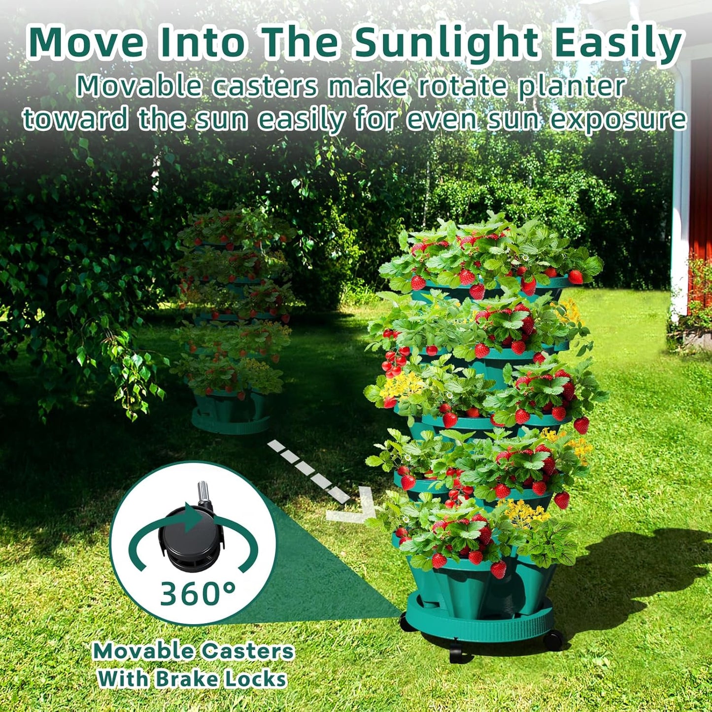 Strawberry Vertical Planters Tower Garden, 5 Tiered Stacking Planter with Support Pole, Stackable Herb Vegetable Planters Indoor and Outdoor - Hunter Green
